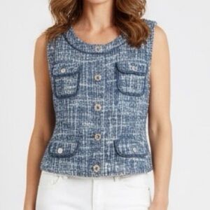 Caché Tweed Vest Blue & White with Silver Buttons Wool Blend Vest 12